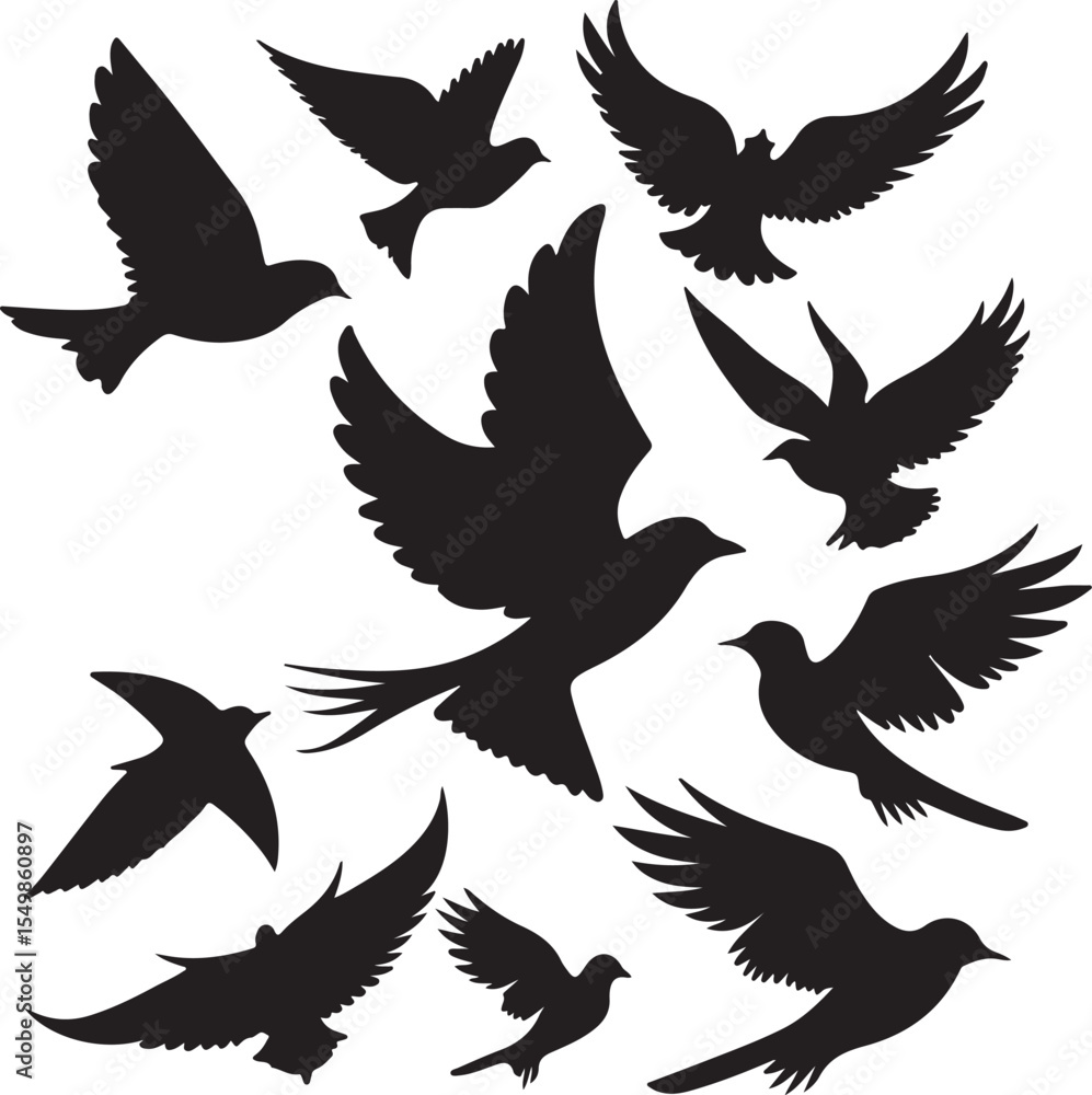 Obraz premium Flying Bird Silhouette Set – multiple birds in flight with varied wing positions.