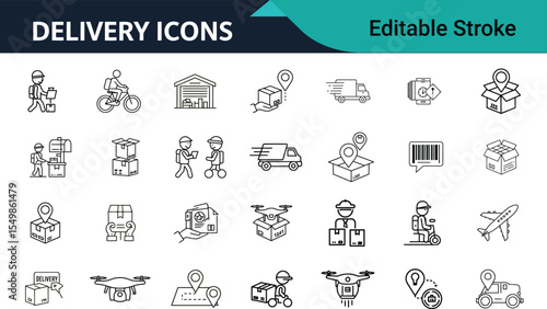 Delivery Service Line Icon Set with Editable Stroke for Courier, Drone, and Package Logistics .