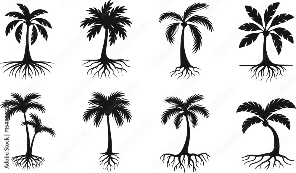 Fototapeta premium Palm Tree with Roots Silhouette Vector Set – Tropical Nature Symbol Design Collection