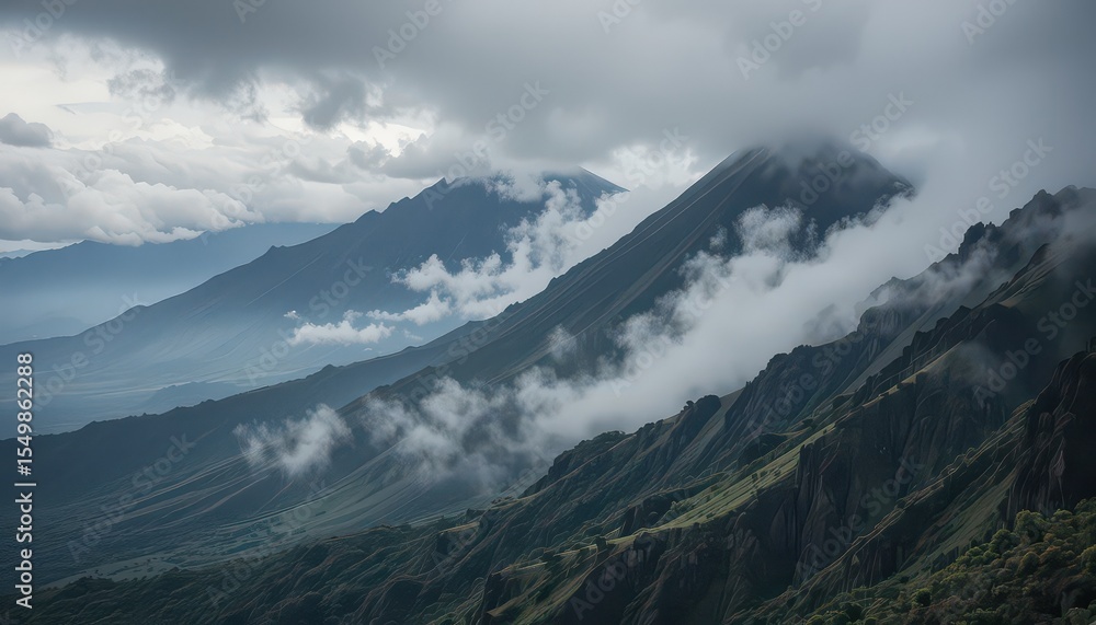 A scenic view of mountain ranges covered in mist and clouds creating a serene and atmospheric landscape A scenic view of mountain ranges covered in mist and clouds creating a serene and atmospheric landscape