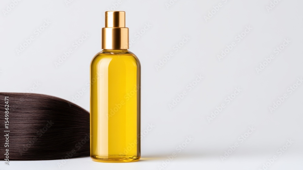 Naklejka premium Shiny silky smooth hair treatment serum. Elegant Woman Applying Hair Oil for Smooth and Healthy Hair Care Routine