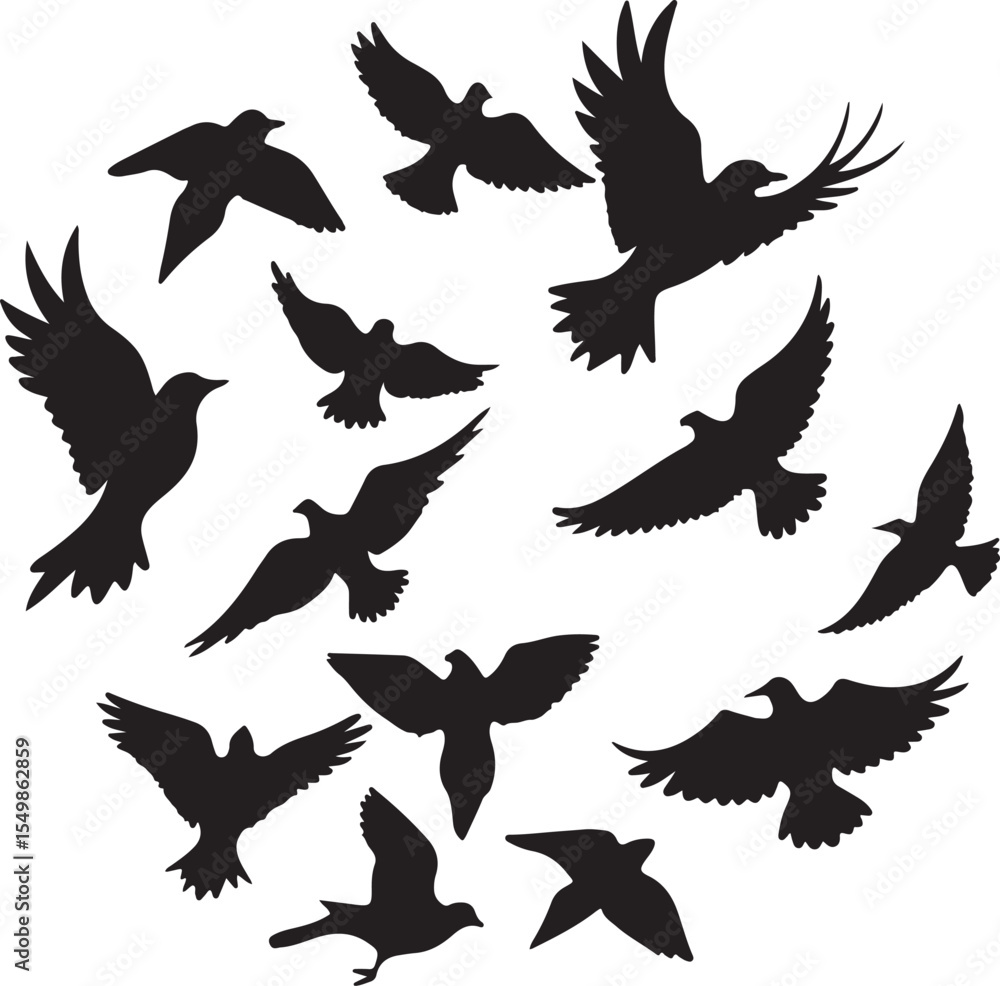 Obraz premium Flying Bird Silhouette Set – multiple birds in flight with varied wing positions.