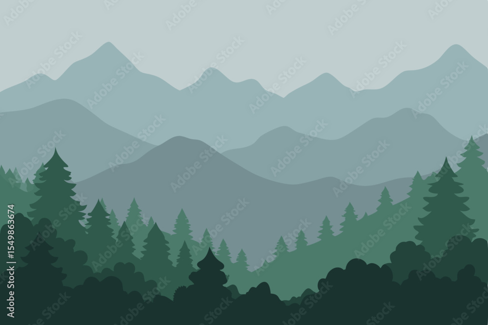 Fototapeta premium Misty Mountain Landscape Serene Forest and Majestic Peaks Illustration