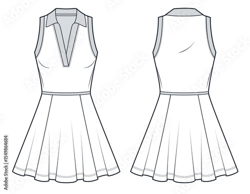Flared tennis Dress technical fashion illustration. Jersey Polo Dress fashion flat technical drawing template, v neck, fitted, front and back view, mini length, white, women CAD mockup.