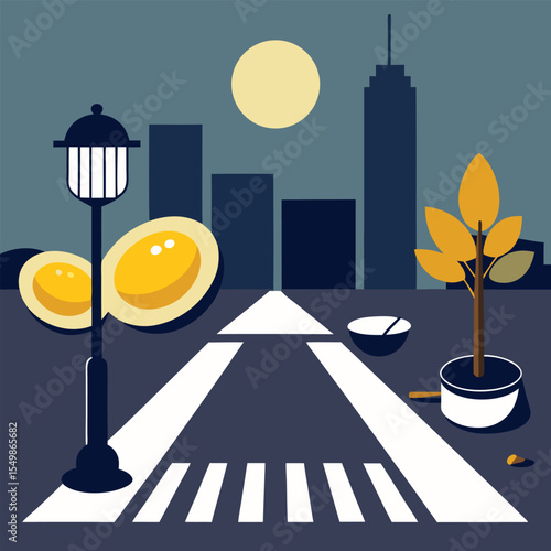"Silhouette of sidewalk with egg, pan, and summer elements, vector"