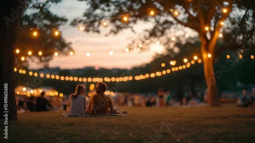 Summer evening outdoor gathering with string lights at sunset. People relaxing under illuminated festive decoration. Romantic outdoor party setup with warm bokeh effect