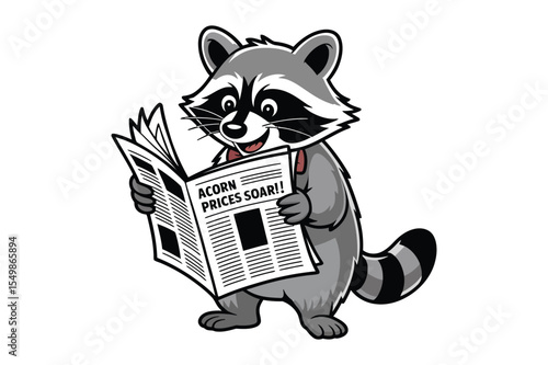 Raccoon Reading a Newspaper with Acorn Prices Soaring Headline