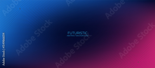 Abstract gradient background with pink and blue light effect. Glowing hexagon lines pattern. Modern graphic elements.