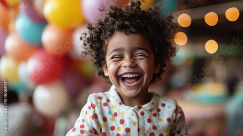 A joyful child with curly hair laughs wholeheartedly in a vibrant setting filled with balloons, capturing pure happiness and childhood innocence in a lively celebration.