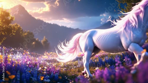 Enchanting unicorn grazing peacefully in a vibrant field of colorful wildflowers under sunlight