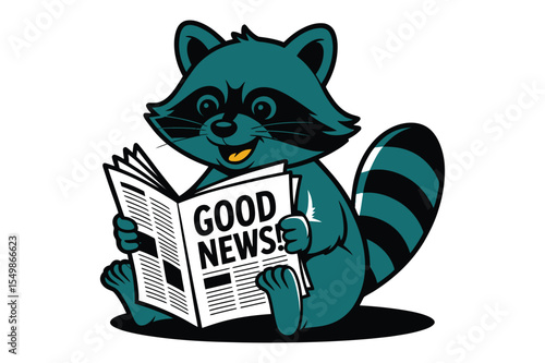 Happy Raccoon Reading Good News Newspaper