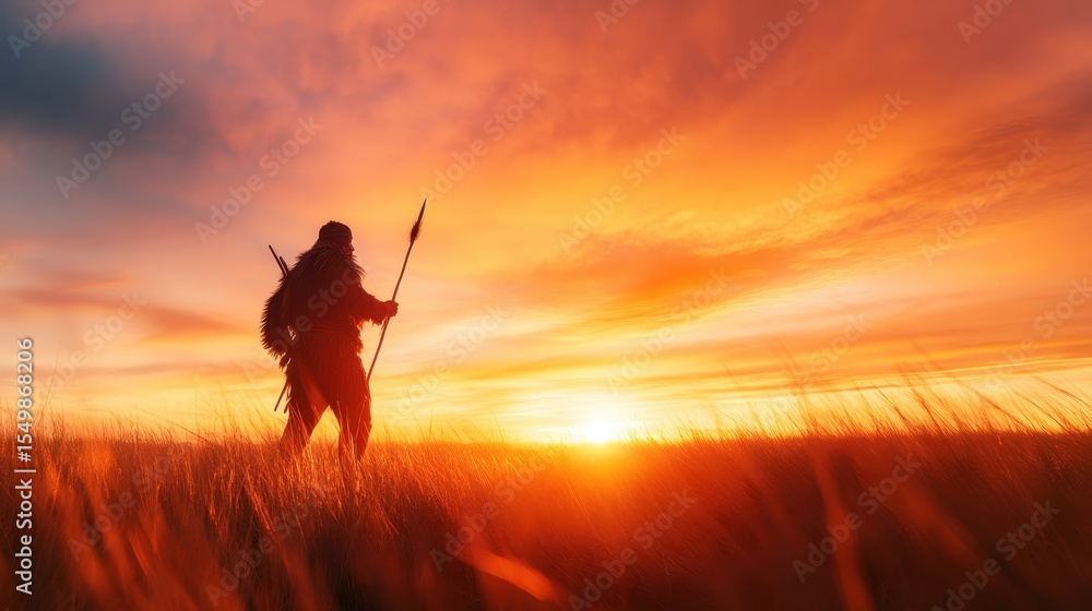 Fototapeta premium A silhouetted figure of a hunter stands poised with a spear, framed by a breathtaking sunset that symbolizes the ancient connection to nature and the art of survival in wilderness.