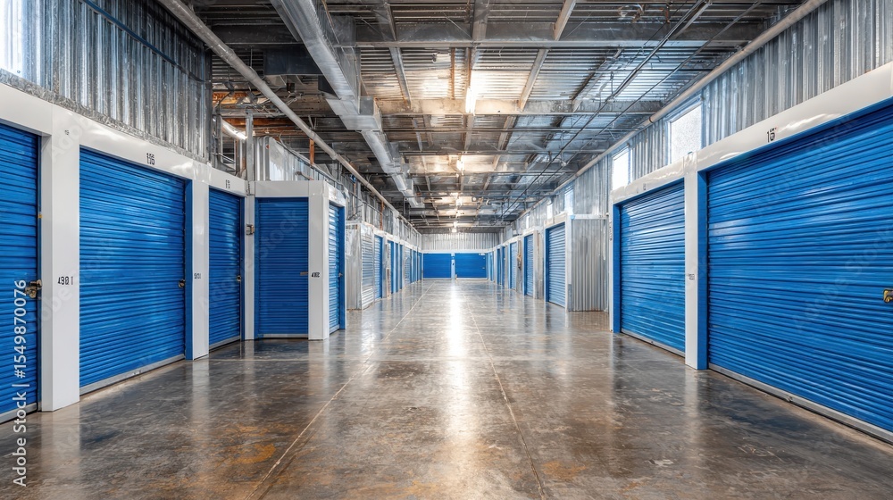Fototapeta premium Inside industrial self storage building for rental with blue locked doors.