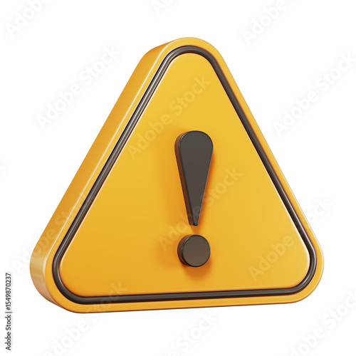 Yellow and black Caution or alert 3d icon on transparent and white background. Attention mark icon with camera angle