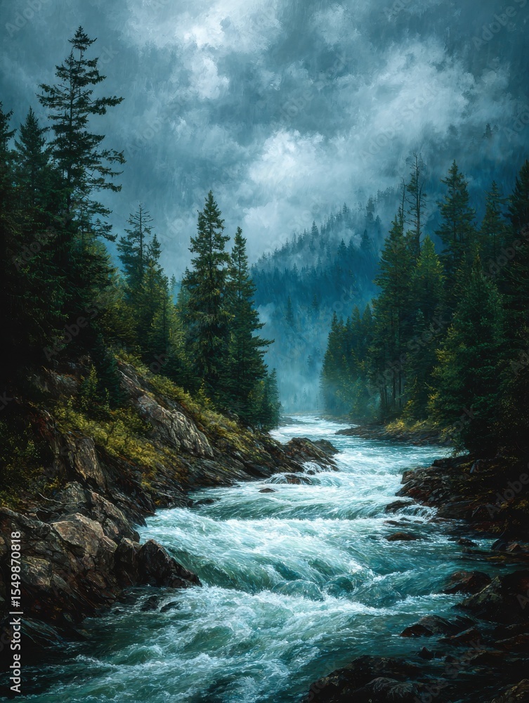Raging river bordered by dense forest, with storm clouds and rain adding drama to the roaring current. Raging river bordered by dense forest, with storm clouds and rain adding drama to the roaring current.