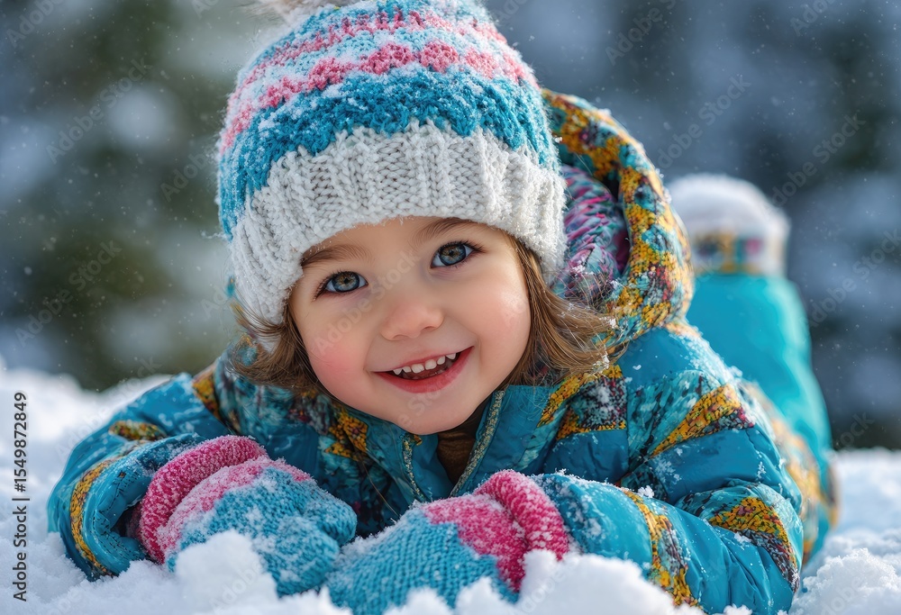 A cute little child wearing colorful winter and gloves, smiling while playing in the snow on an outdoor snowy day A cute little child wearing colorful winter and gloves, smiling while playing in the snow on an outdoor snowy day