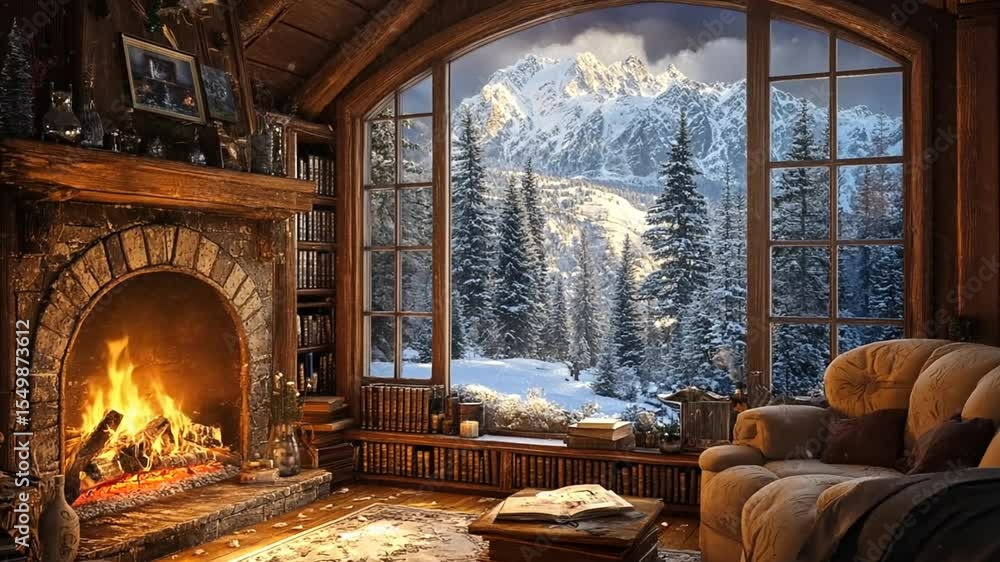 Cozy Cabin Retreat: Warm Fireplace and Snowy Mountain View in Winter Scenery Cozy Cabin Retreat: Warm Fireplace and Snowy Mountain View in Winter Scenery