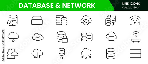 Sleek vector web line icons depicting database, network, server management, data storage, connectivity, and efficient digital infrastructure solutions.