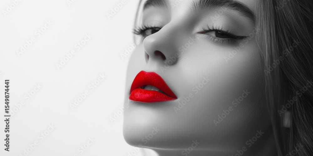 Naklejka premium Woman with red lips, dark eyes, black and white portrait