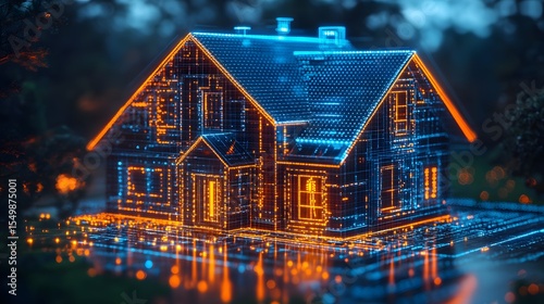 A futuristic digital model of a smart home, showcasing advanced technology and design. Represents modern living and innovation.
