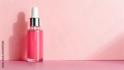 Pink Glass Facial Oil Bottle with Pipette on Pink Background