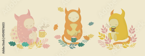 Cartoon friendly monsters at a tea time in the park, or forest, a cozy picnic. Cute design for children's items.
