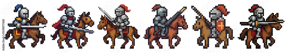 Obraz premium PNG Pixelated medieval knights on horseback, element set on transparent background