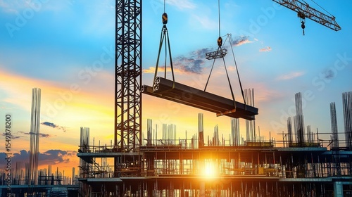 Construction Site Cranes Lifting Steel Beams at Sunset in Urban Area