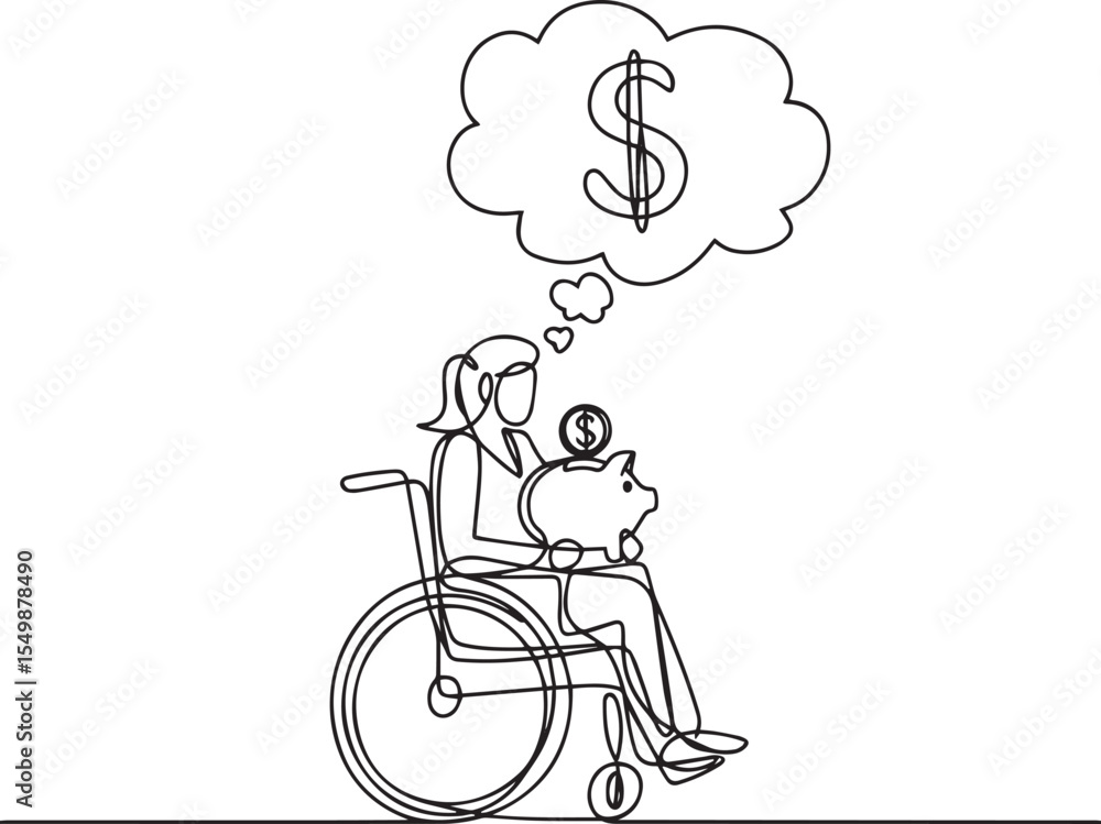 continuous one line drawing of a disabled person in wheelchair saving money with piggy bank and thinking of finance continuous one line drawing of a disabled person in wheelchair saving money with piggy bank and thinking of finance