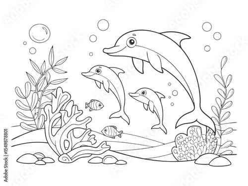 Children coloring. The underwater world, the bottom of the ocean. Sea inhabitants are fish. Vector