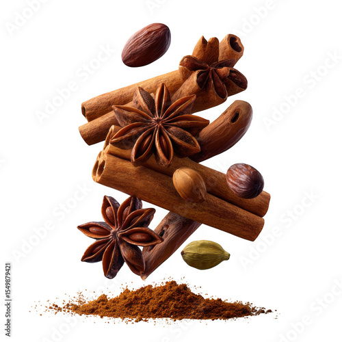 Floating cinnamon sticks star anise and spices isolated on transparent background