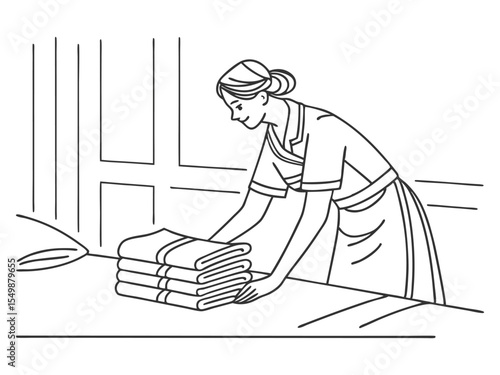 Chambermaid putting a stack of fresh towels in the bedroom, minimal concept, one line. 