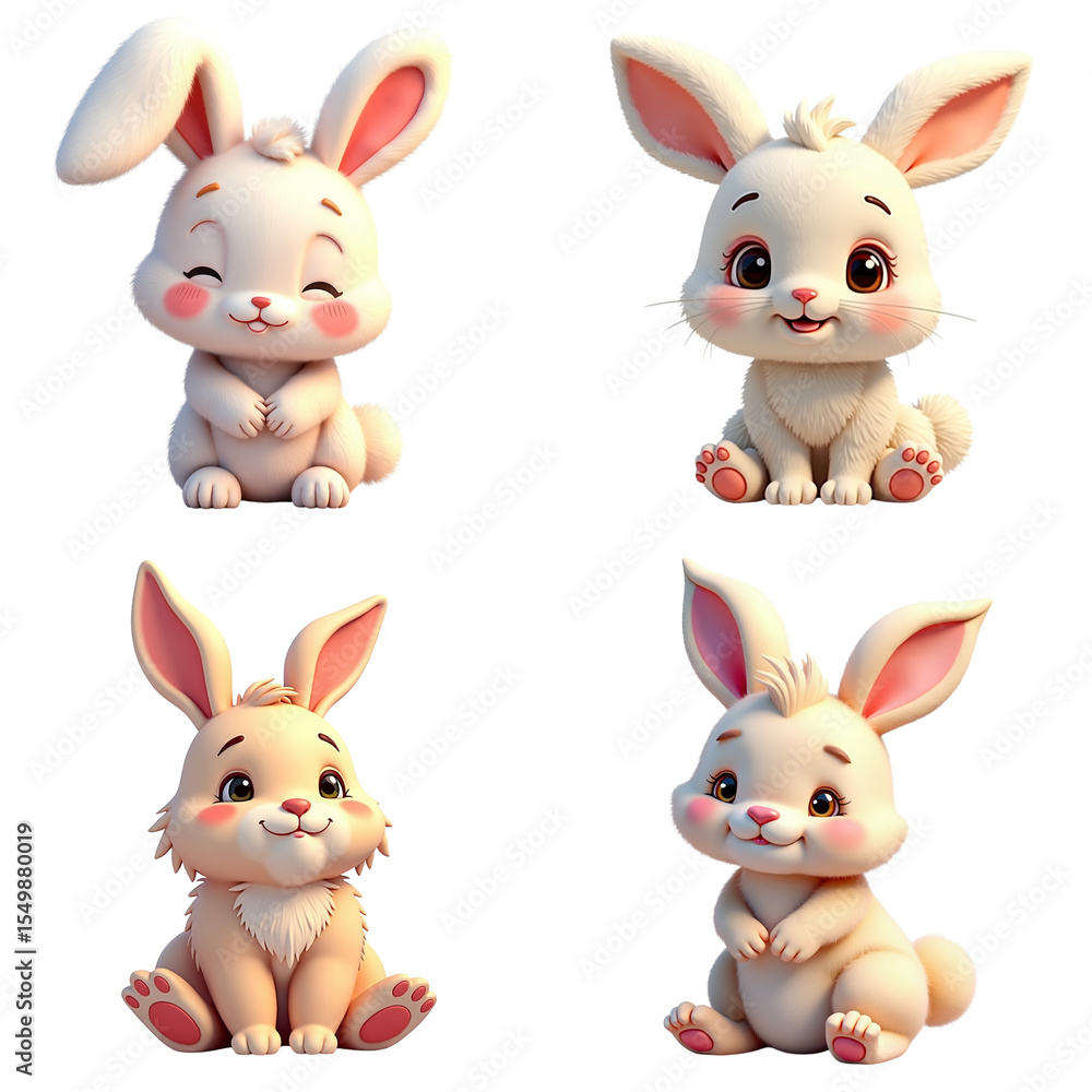 Fototapeta premium Set Cute cartoon bunnies sitting and smiling in a playful style