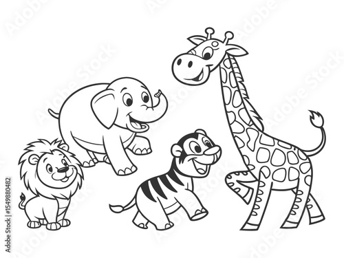 Cartoon safari animals group coloring page. Cartoon meerkat resting under tree children's coloring book page