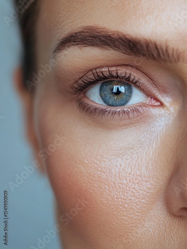 Up close portrait of a woman's face focusing on her brown eyes and the skin texture around them, highlighting makeup application with fine lines and contemplative expression.