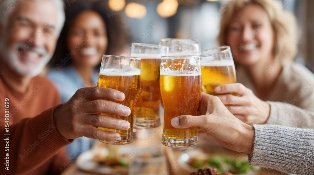 Group of diverse friends toasting with glasses of beer in warm social gathering, celebrating and enjoying happy moments together Group of diverse friends toasting with glasses of beer in warm social gathering, celebrating and enjoying happy moments together
