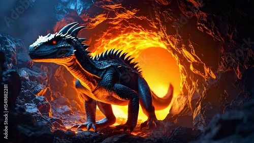 Majestic dragon and prehistoric dinosaur resting together inside a mysterious dark cave
