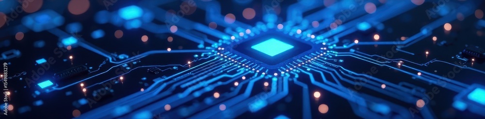 Fototapeta premium Abstract digital circuit board, glowing blue nodes, design, computing, internet