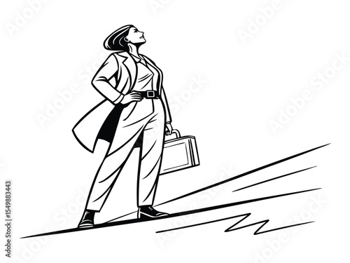 Business superwoman concept line drawing hand-drawn illustration. Single one line drawing super businesswoman punches pose