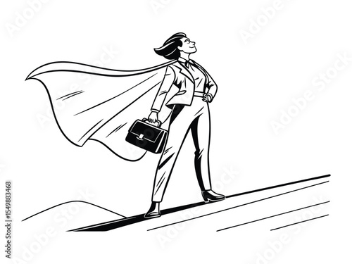Business superwoman concept line drawing hand-drawn illustration. Single one line drawing super businesswoman punches pose