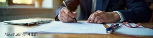 Sharp focus on legal papers being reviewed in modern office, law firm, law