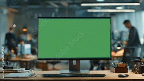 Computer monitor with blank green screen in office