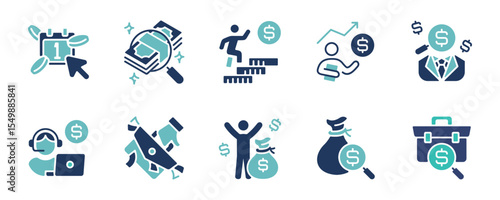 simple business employee working get paycheck salary icon set financial income earning dollar bag billfold money symbol vector illustration
