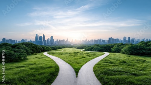A forked path in a lush green park leads towards a modern city skyline under a clear sky at sunrise or sunset.