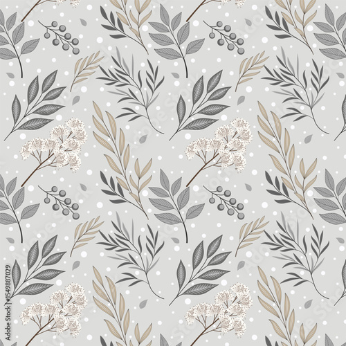 Pattern with leaves and flowers on soft grey background