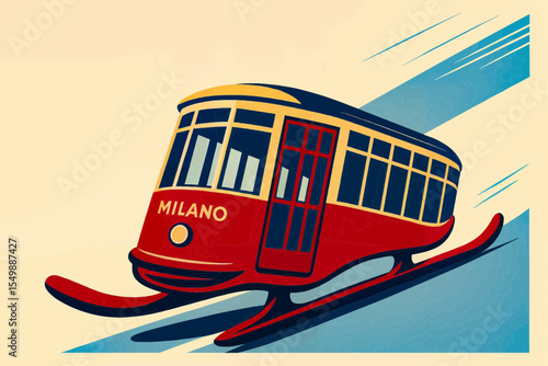 Retro vector poster—heritage red Milan tram as luge sled on single ice rail, limited-palette mash-up for Milan-Cortina 2026 Winter Olympics