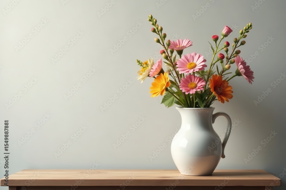 Delicate wildflowers in ceramic pitcher on wooden shelf, decor, bloom, pink Delicate wildflowers in ceramic pitcher on wooden shelf, decor, bloom, pink