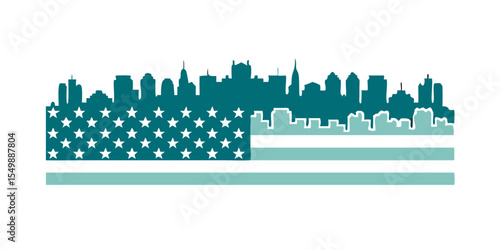 American Flag City Skyline Silhouette – Patriotic Urban Landscape with USA Flag Overlay at Sunset Gradient Sky, High Contrast Digital Art Generative AI
