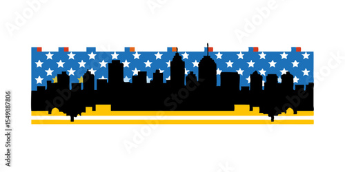 American Flag City Skyline Silhouette – Patriotic Urban Landscape with USA Flag Overlay at Sunset Gradient Sky, High Contrast Digital Art Generative AI