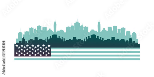 American Flag City Skyline Silhouette – Patriotic Urban Landscape with USA Flag Overlay at Sunset Gradient Sky, High Contrast Digital Art Generative AI
